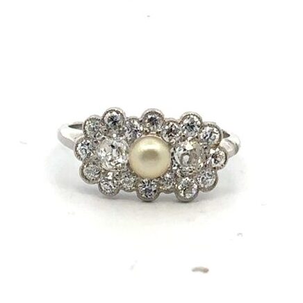Estate Pearl & Diamond Ring in Platinum