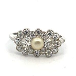 Estate Pearl & Diamond Ring in Platinum