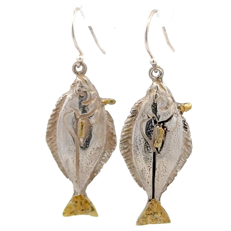 Sterling Silver & Gold Nugget Halibut Dangling Earrings 073893