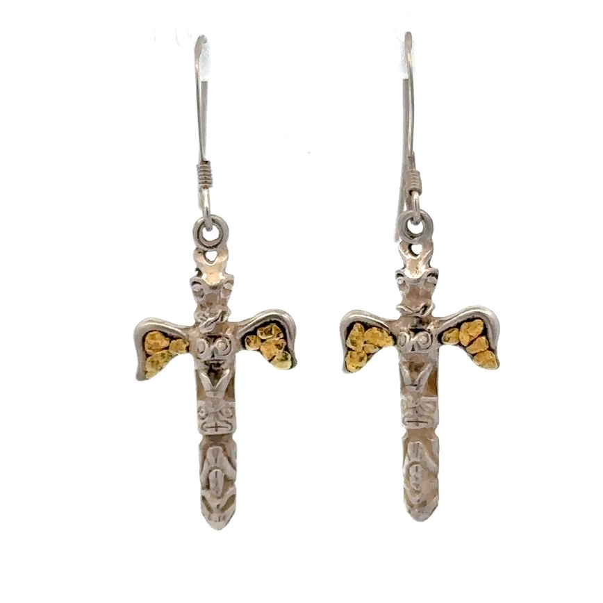 Sterling Silver & Gold Nugget Totem Pole Dangling Earrings 073895