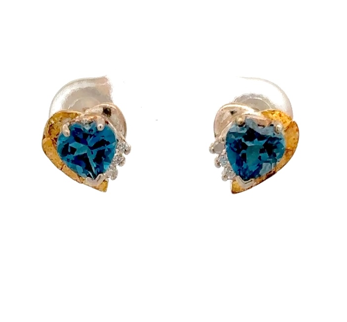 Sterling Silver & Gold Nugget Blue Topaz Heart Earrings 076410