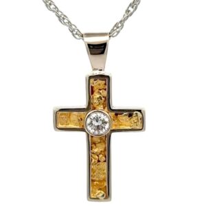 Gold Nugget & Diamond White Gold Cross Pendant