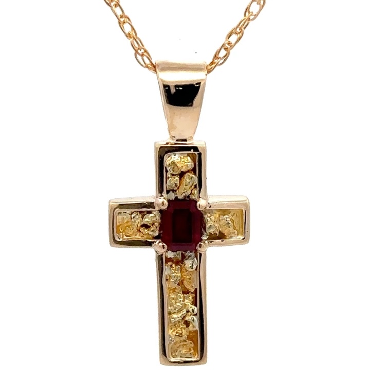 Gold Nugget & Ruby Cross Pendant
