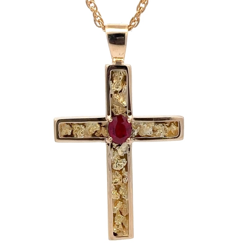 Gold Nugget & Ruby Cross Pendant