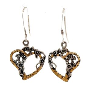 Sterling Silver & Gold Nugget Floral Heart Dangling Earrings 517006