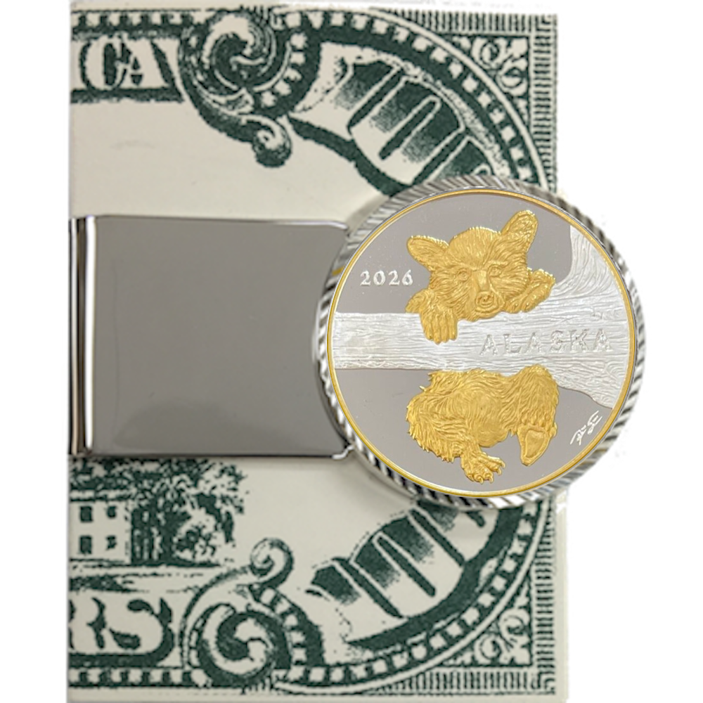 Money Clip with 1 oz. or 1/4 oz. Official 2026 Alaska State Bear Cub Medallion - Image 2