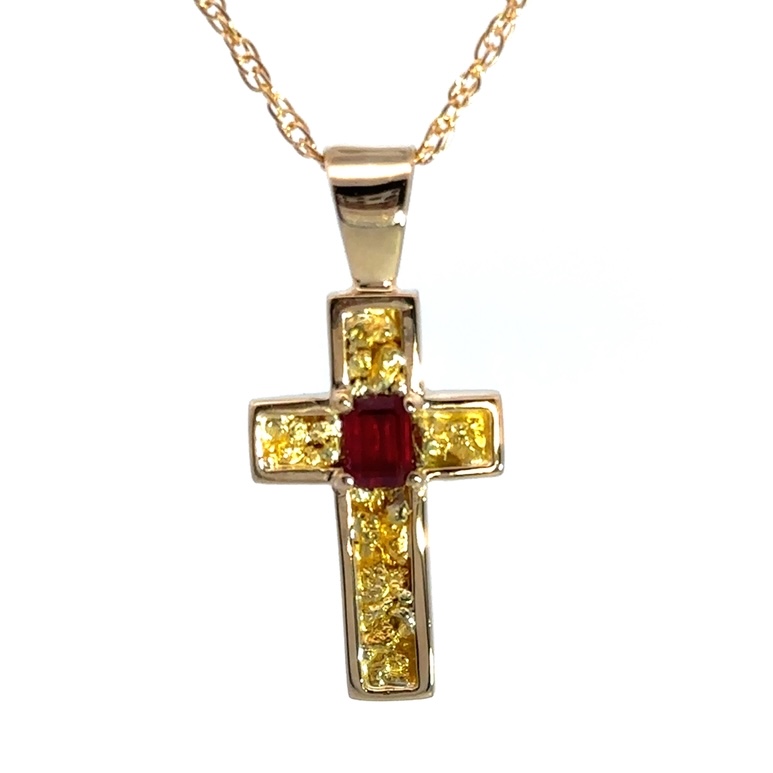Gold Nugget & Ruby Cross Pendant
