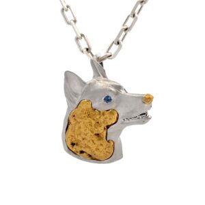 Alaskan Husky Sled Dog Pendant in 14K White Gold, Nugget and Sapphires 074251