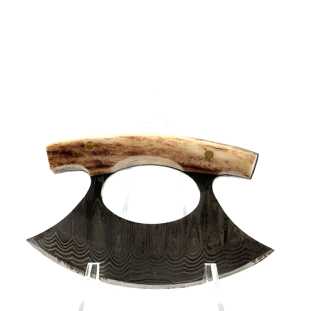 Mini Deer Antler Handle Damascus Ulu